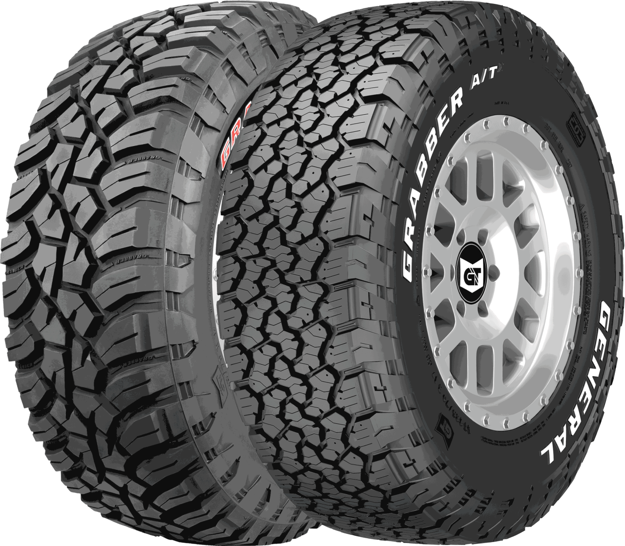A imagem mostra dois pneus de uso off-road da marca General Tire, lado a lado. O pneu da esquerda tem um desenho de banda de rodagem agressivo e profundo, projetado para terrenos difíceis. O pneu da direita tem um desenho de banda de rodagem mais compacto, mas ainda robusto, indicado para diferentes tipos de terrenos. No pneu da direita, está escrito "GRABBER A/T" em letras brancas na lateral, enquanto no aro prateado do pneu, aparece o logo da General Tire. Ambos os pneus transmitem uma sensação de durabilidade e resistência, adequados para veículos que enfrentam condições off-road desafiadoras.
