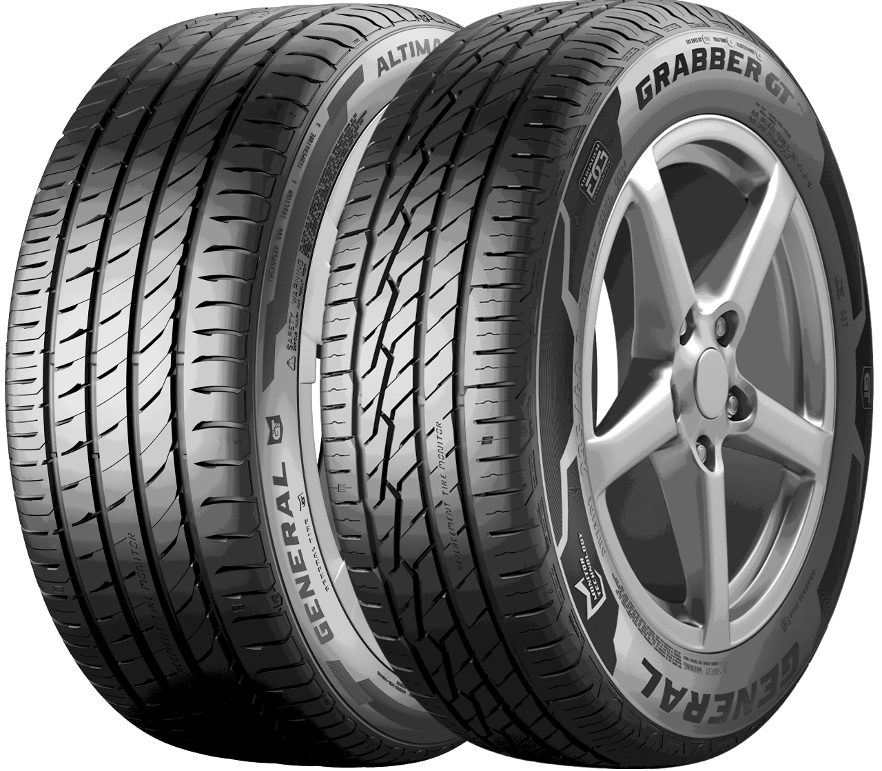 Dois pneus General Tire um ao lado do outro. O primeiro é um modelo chamado Altimax One e outro chamado Grabber GT Plus, ambos feitos para serem usados no asfalto.