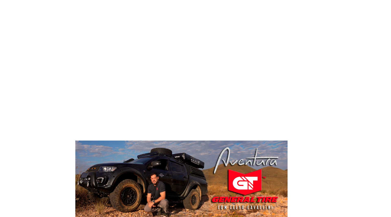 A imagem mostra um homem agachado ao lado de um veículo off-road preto, equipado com pneus General Tire, em um terreno árido com céu azul ao fundo. À direita, está escrito "Aventura" e abaixo o logotipo da General Tire com o texto "General Tire com Celso Cavallini" em letras vermelhas. A imagem transmite uma sensação de aventura e resistência em terrenos difíceis.